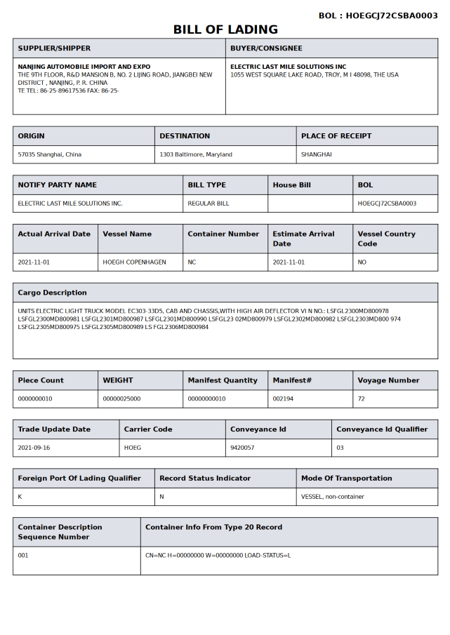 Sample Bill of Lading